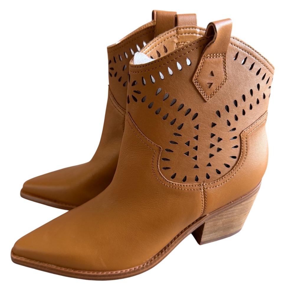 Marc Fisher LTD Tan Leather Perforated Western Ankle Boots Size 8M NEW